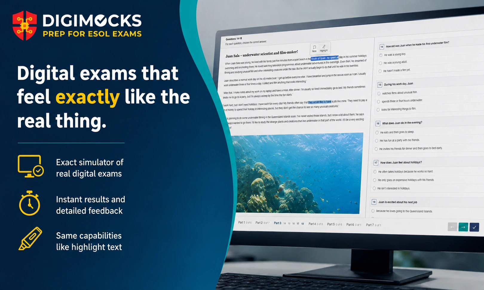 DIGIMOCKS — Realistic digital exams with instant results, detailed feedback and text highlighting
